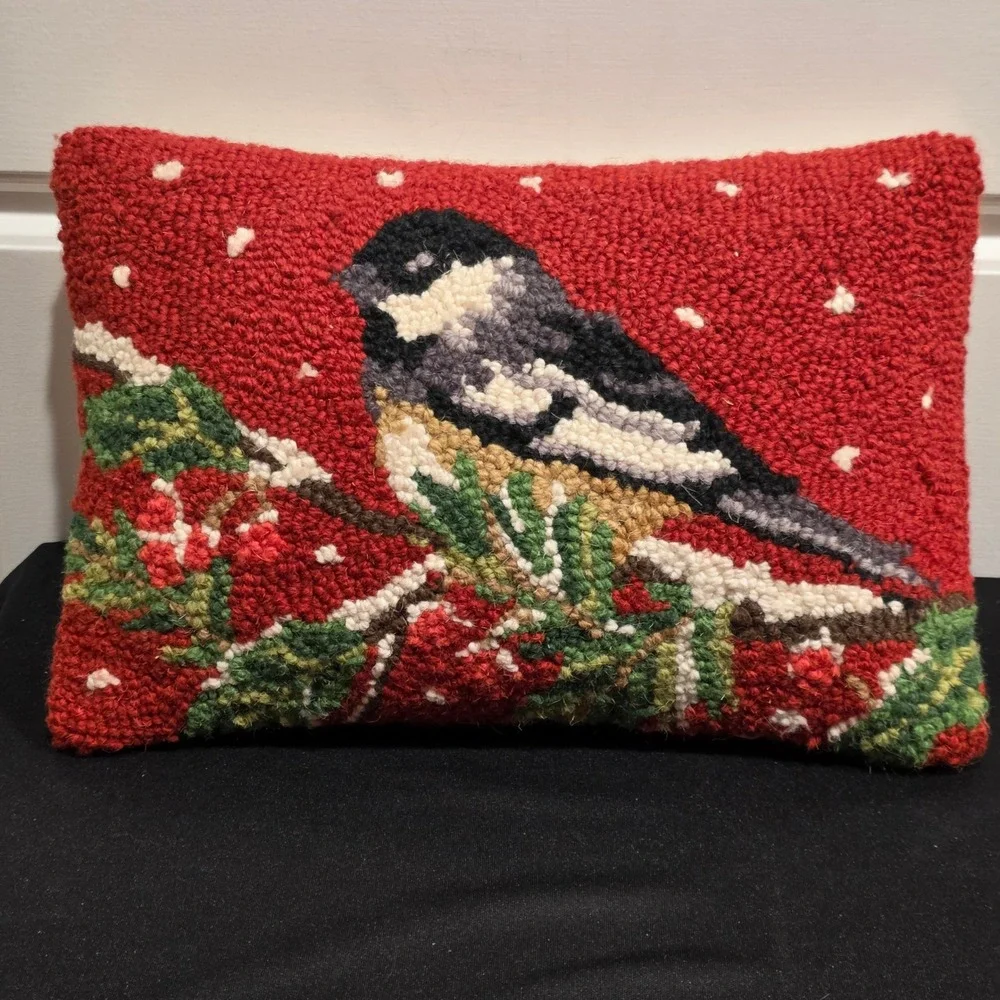 Vintage Hand Hooked Wool Chickadee Bird Accent Pillow, Red, Christmas Decor